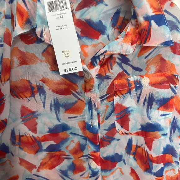 BCBG sheer multicolor Orange size XS blouse long sleeve button down NWT - Picture 2 of 5